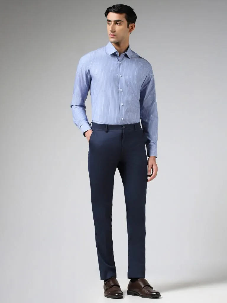 WES Formals Solid Navy Ultra-Slim-Fit Mid-Rise Trousers