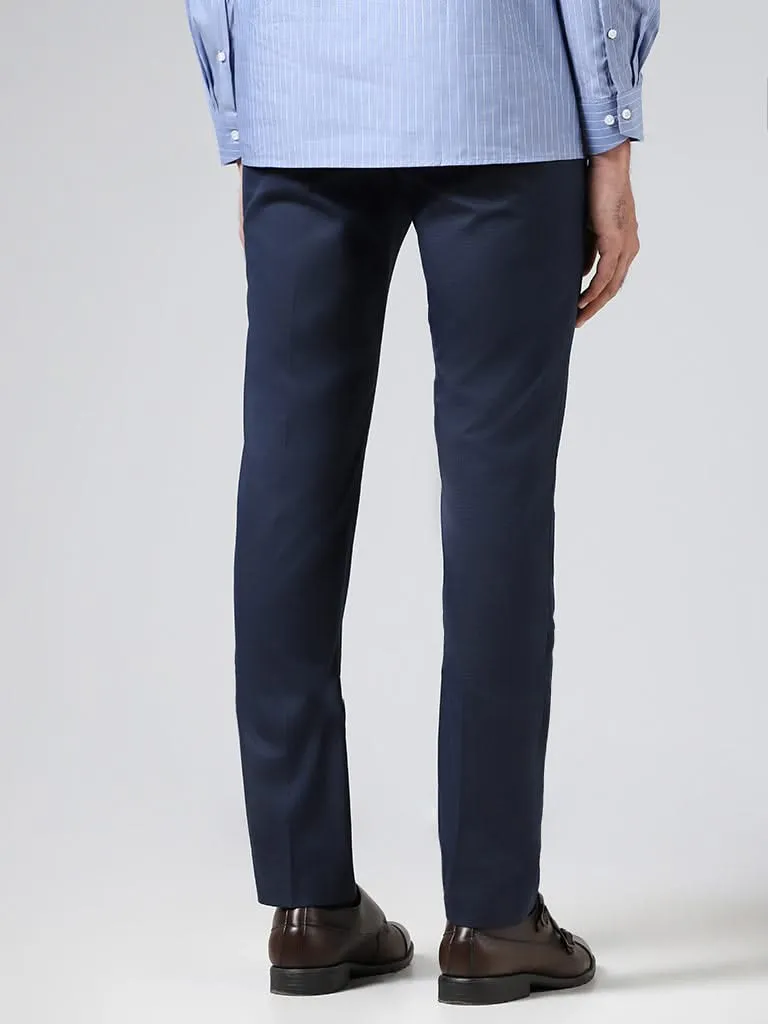 WES Formals Solid Navy Ultra-Slim-Fit Mid-Rise Trousers