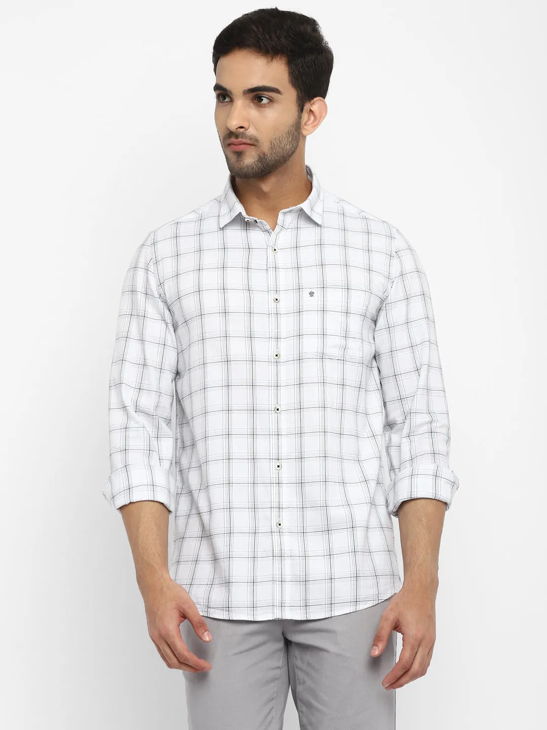 White Cotton Checked Slim Fit Casual Shirt