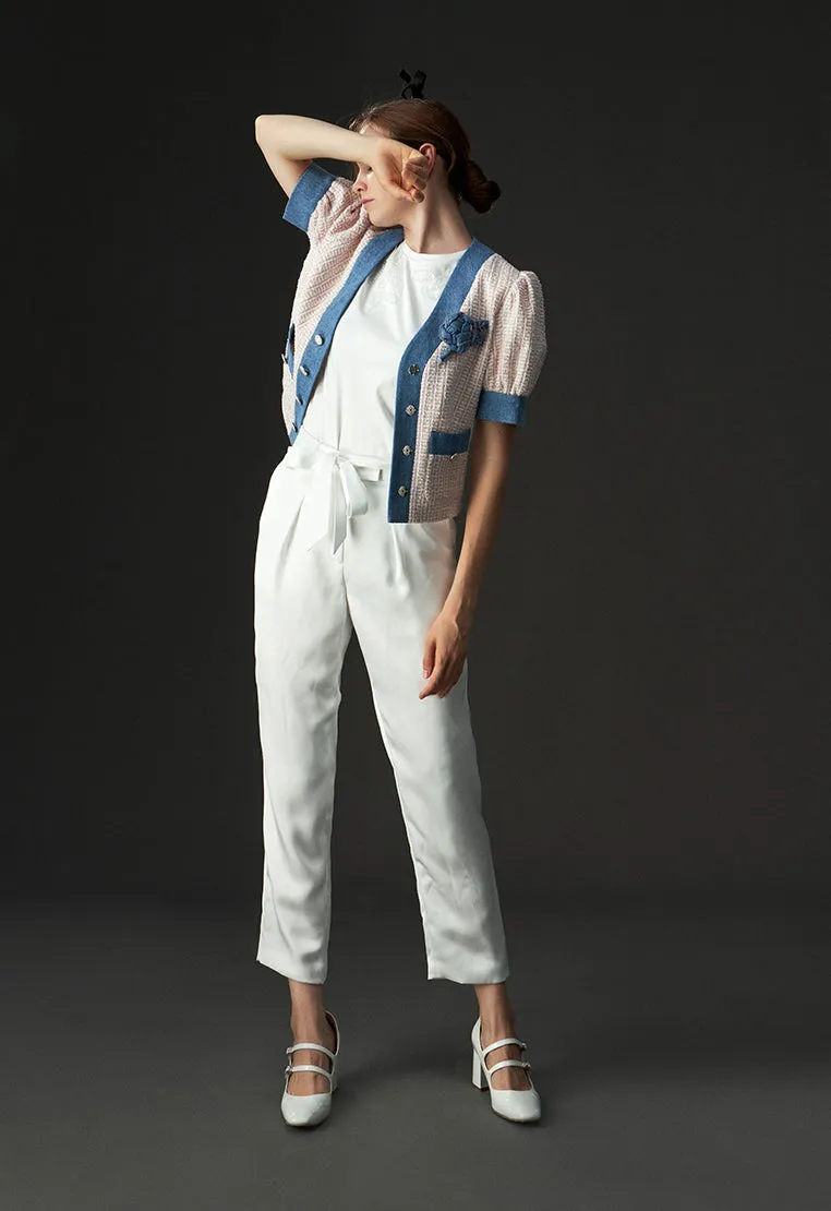 White Fixed Bow Belt Silk Straight Leg Pants