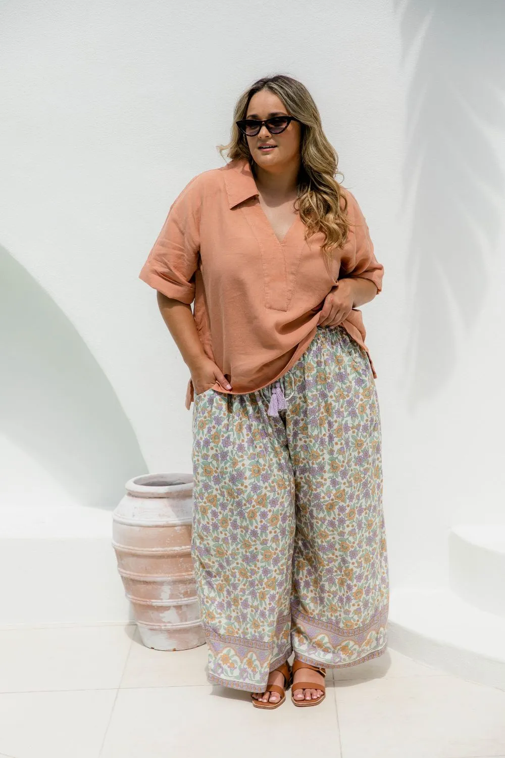 Wide Leg Relaxed Fit Pants - Mauve Floral Border