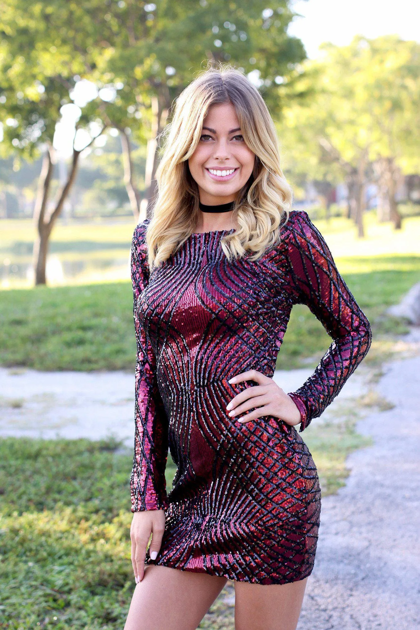 Wine Sequined Short Dress with Long Sleeves