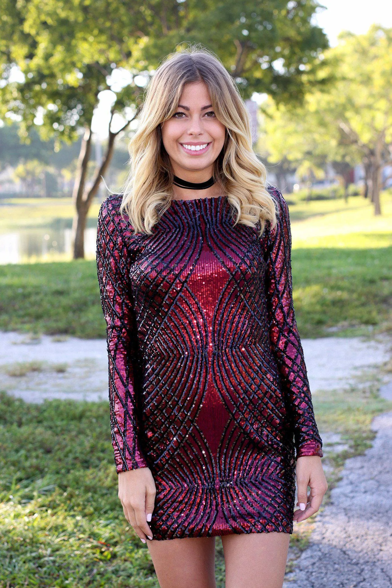 Wine Sequined Short Dress with Long Sleeves