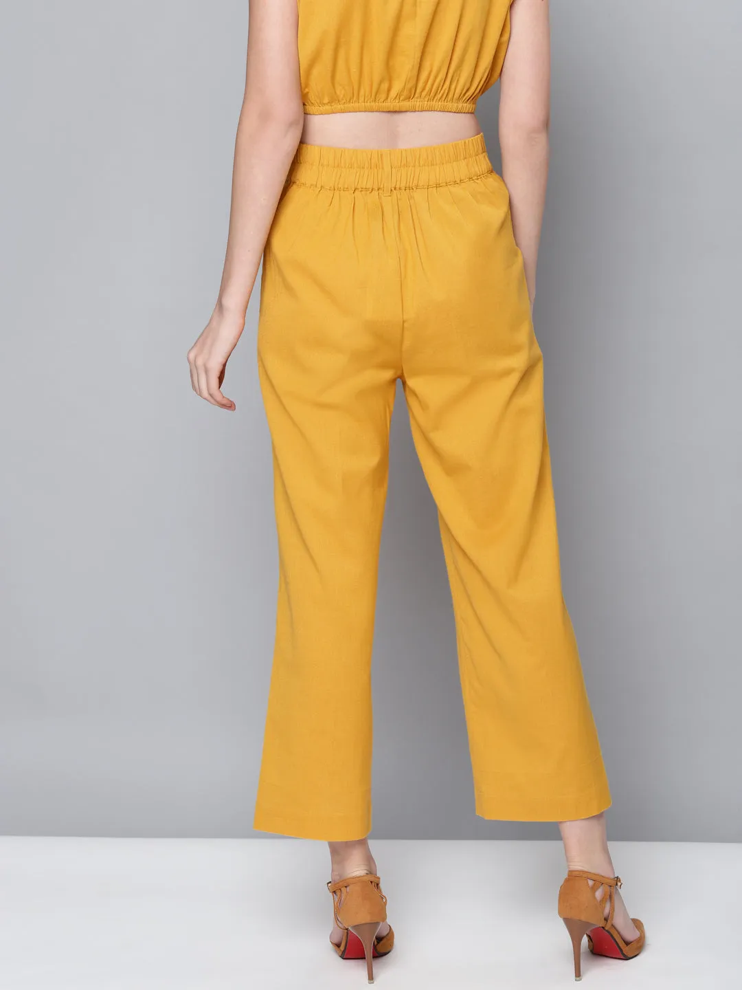 Women Mustard Cotton Linen Straight Pants