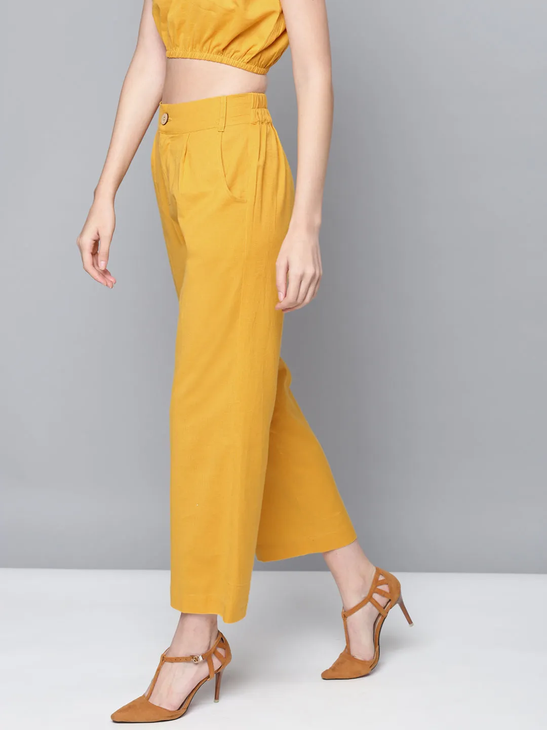 Women Mustard Cotton Linen Straight Pants