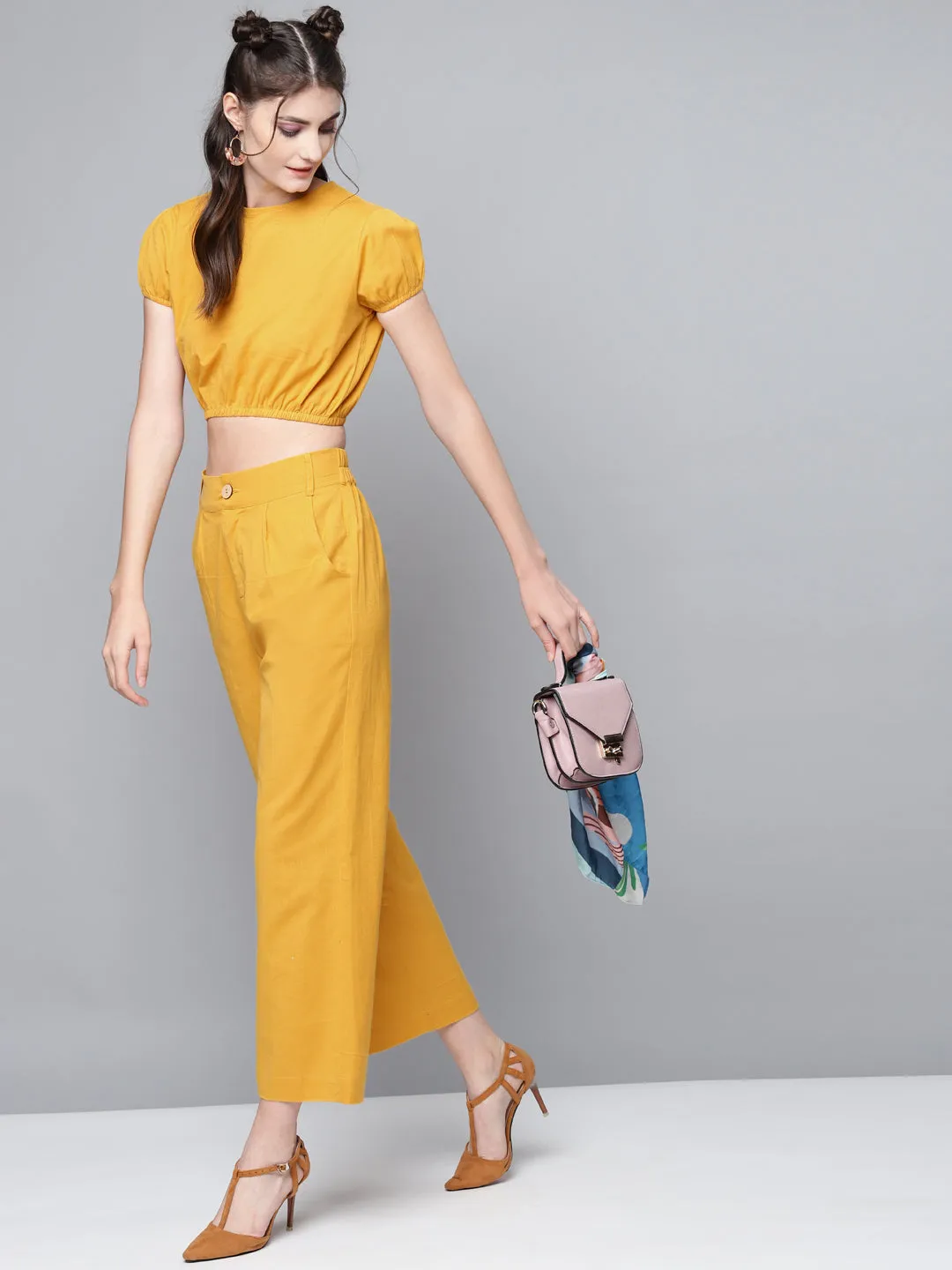 Women Mustard Cotton Linen Straight Pants