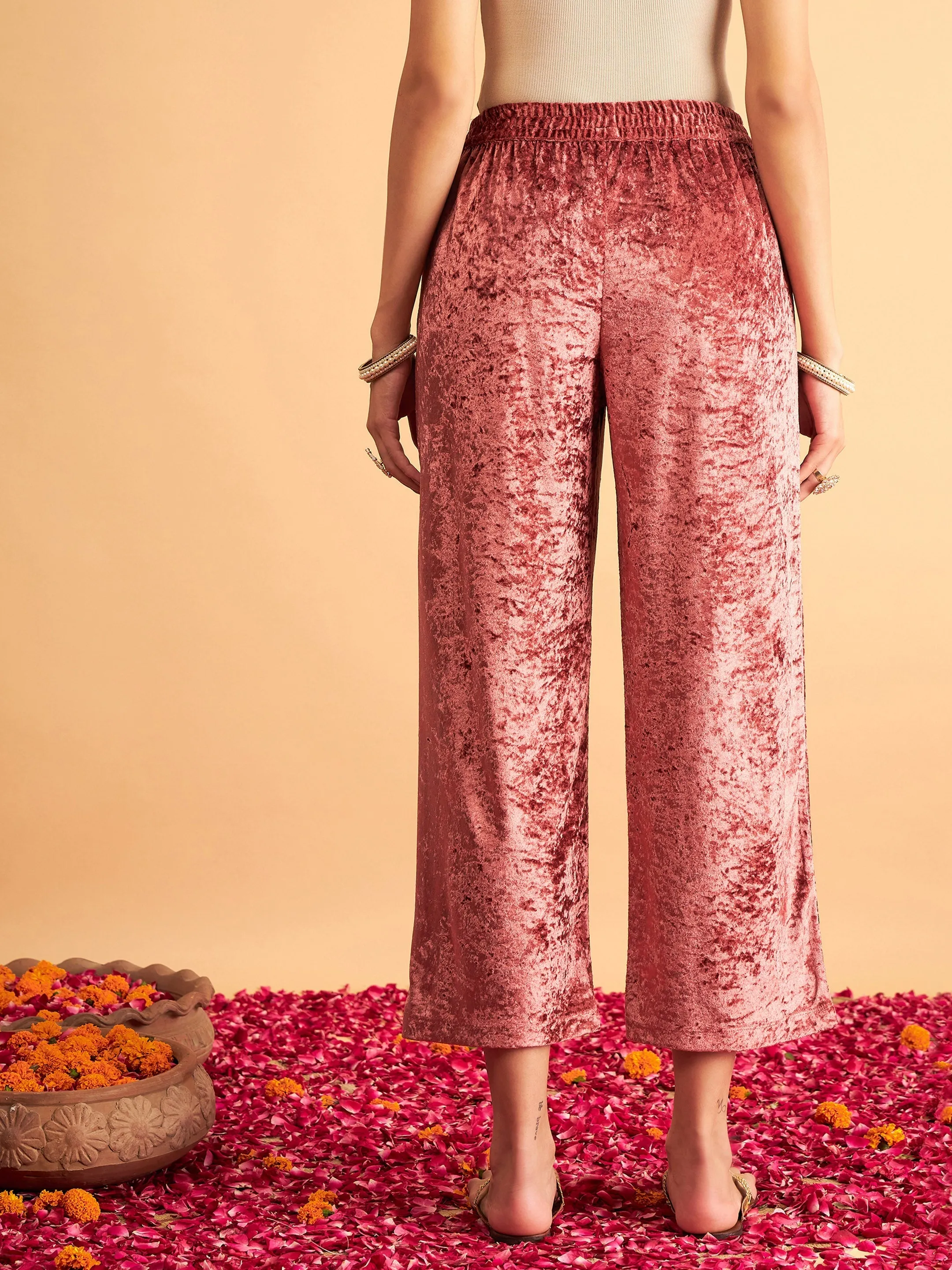 Women Pink Velvet Straight Pants