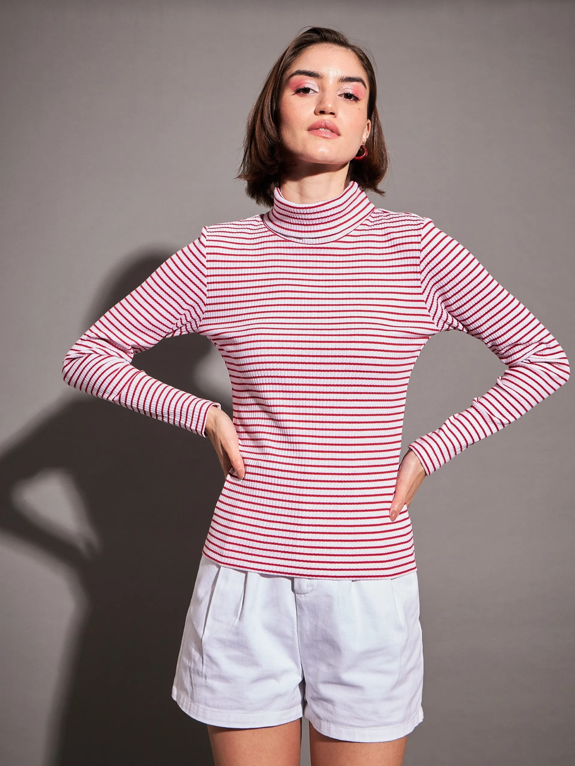 Women Red & White Striped Rib High Neck Top