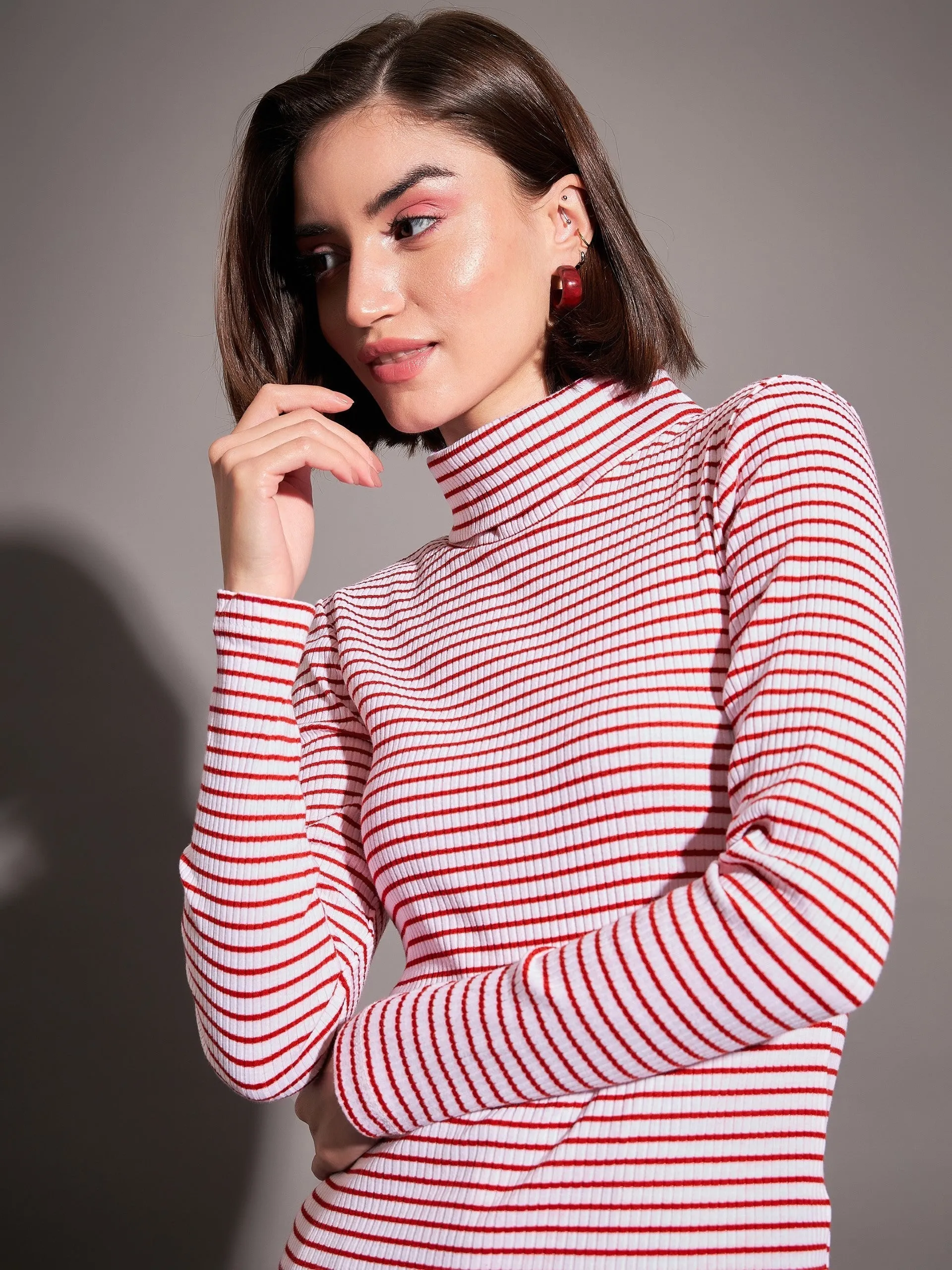 Women Red & White Striped Rib High Neck Top