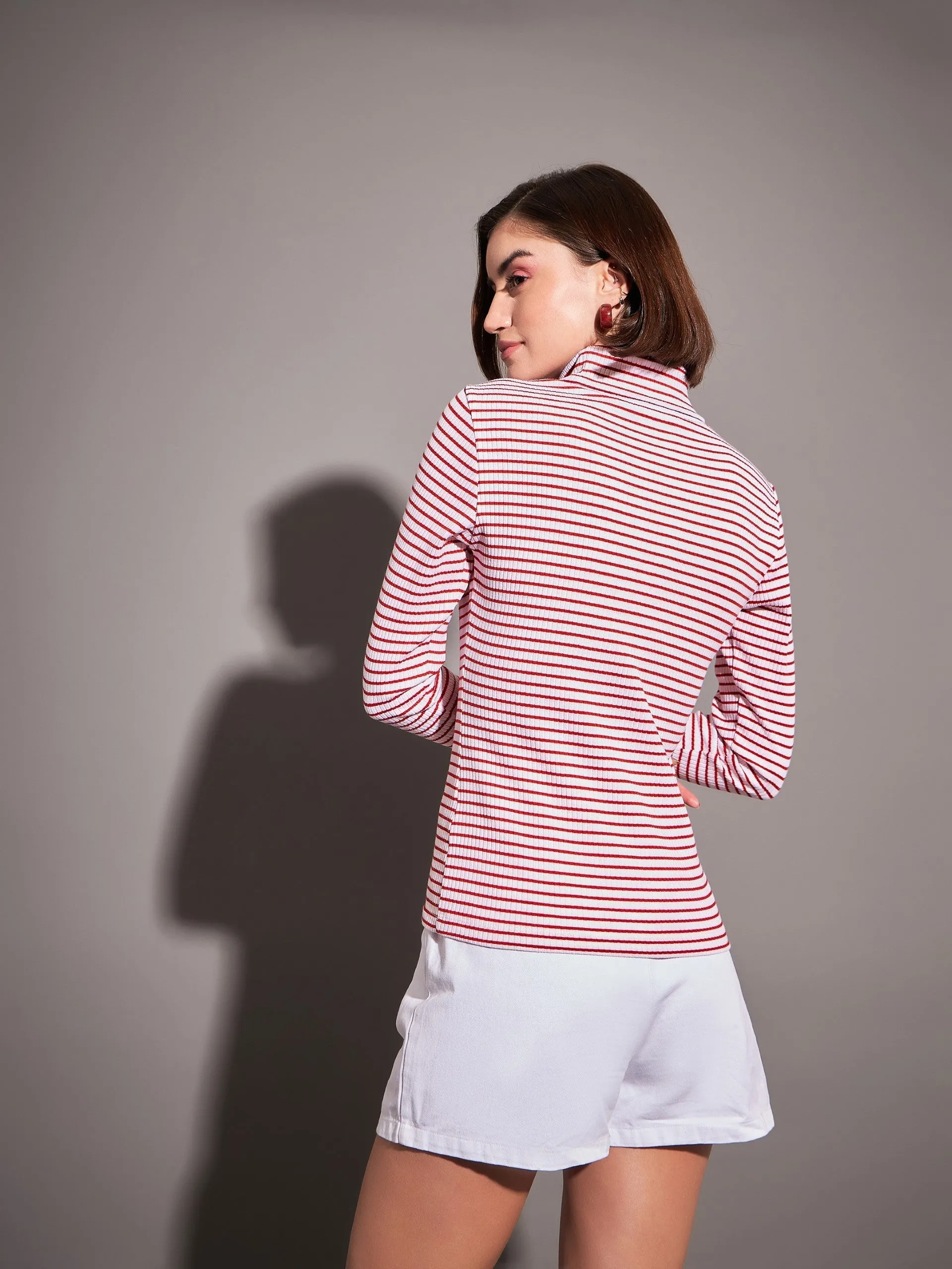 Women Red & White Striped Rib High Neck Top