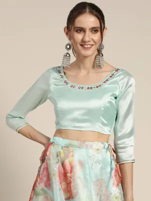 Women Sea Green Satin Zari Embroidered Crop Top