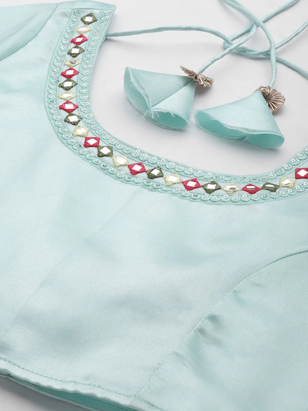 Women Sea Green Satin Zari Embroidered Crop Top