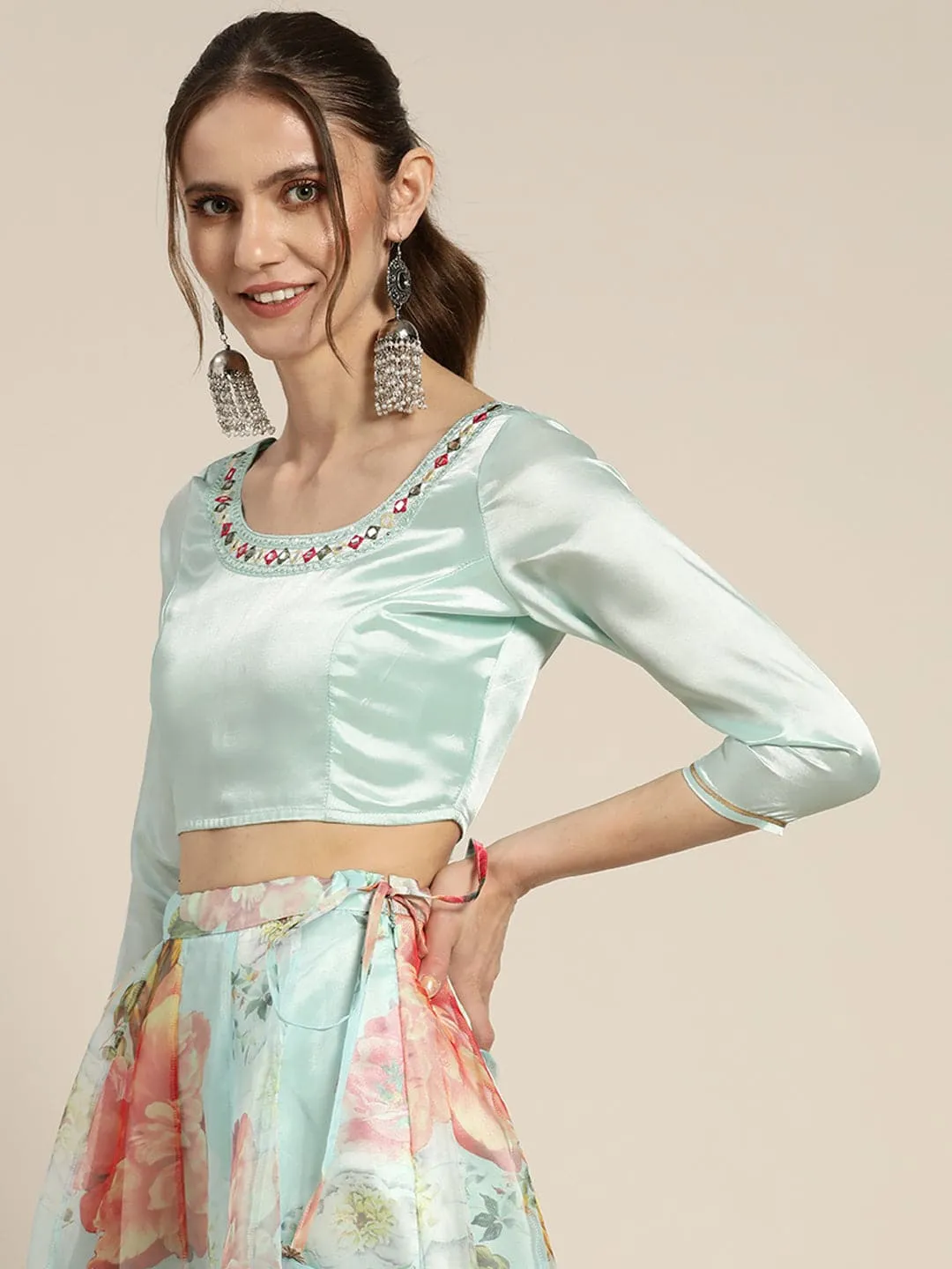 Women Sea Green Satin Zari Embroidered Crop Top