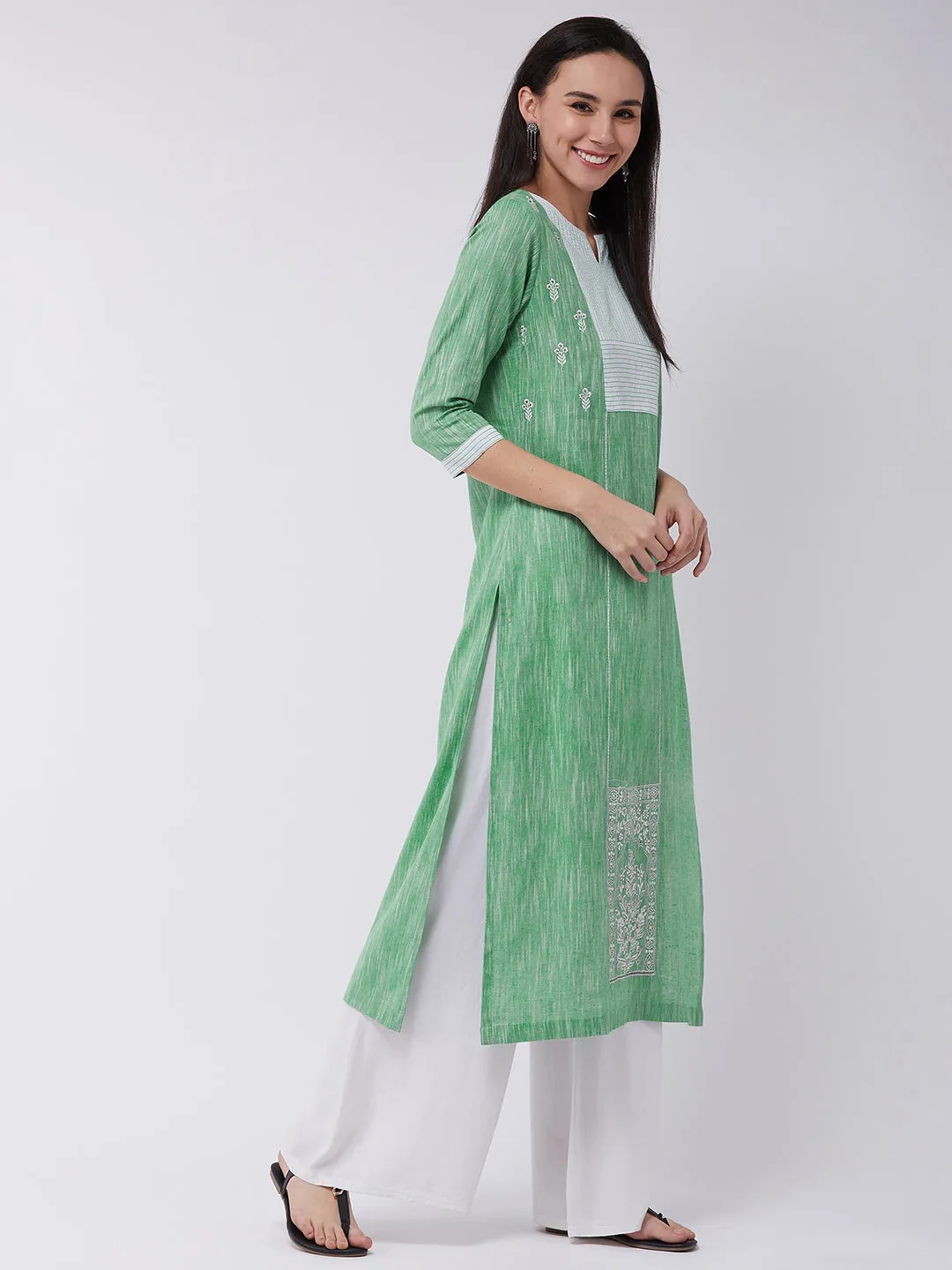 Women's Chambray Embroidered Kurta With Contrast Yoke