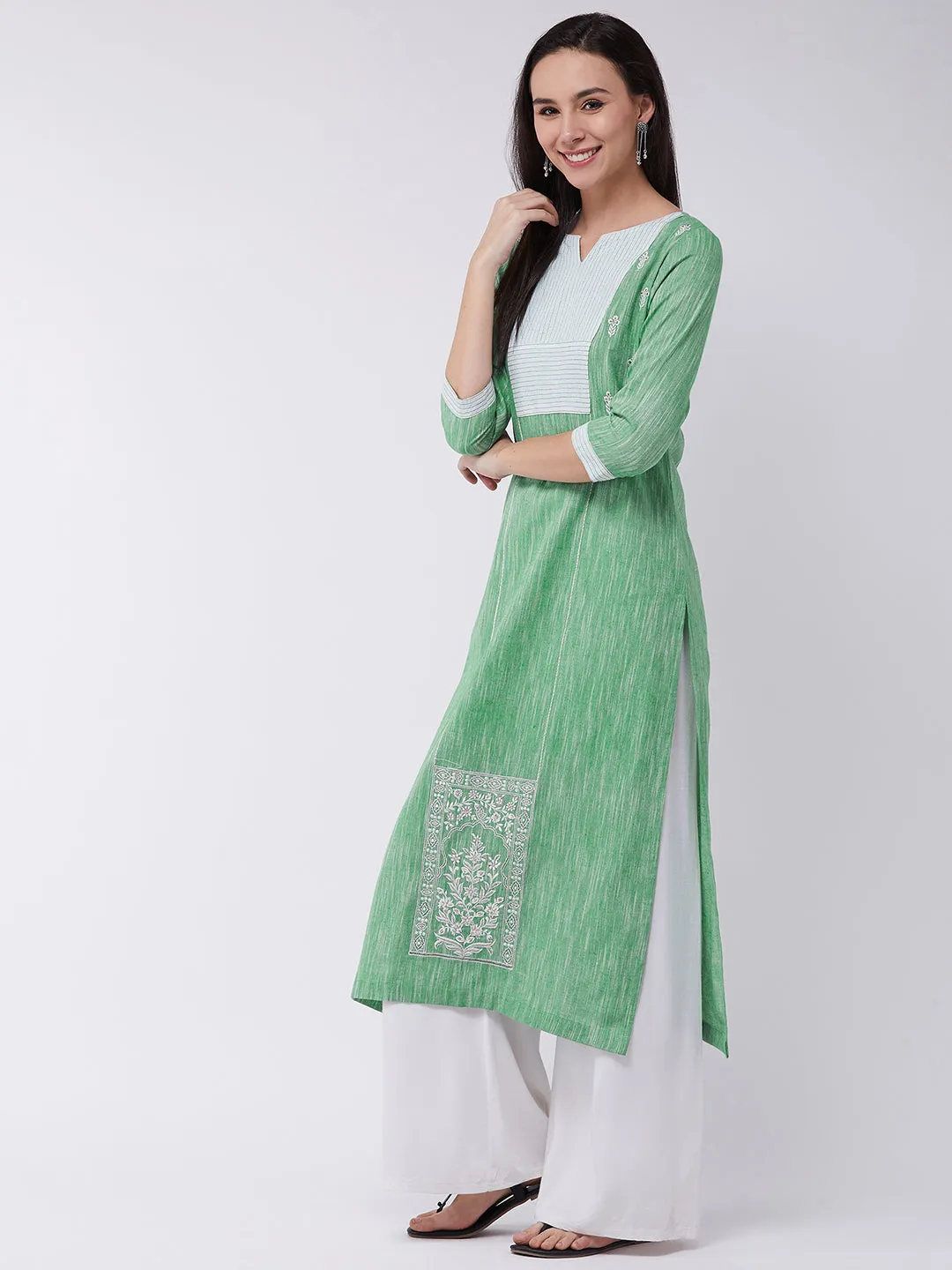 Women's Chambray Embroidered Kurta With Contrast Yoke