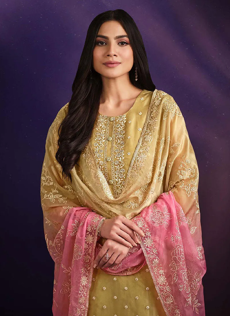 Yellow And Pink Embroidered Salwar Kameez Suit