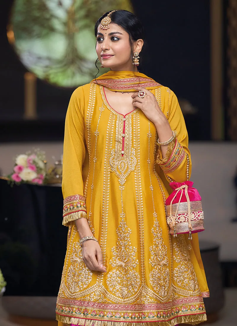 Yellow Multi Embroidered Designer Dhoti Style Suit