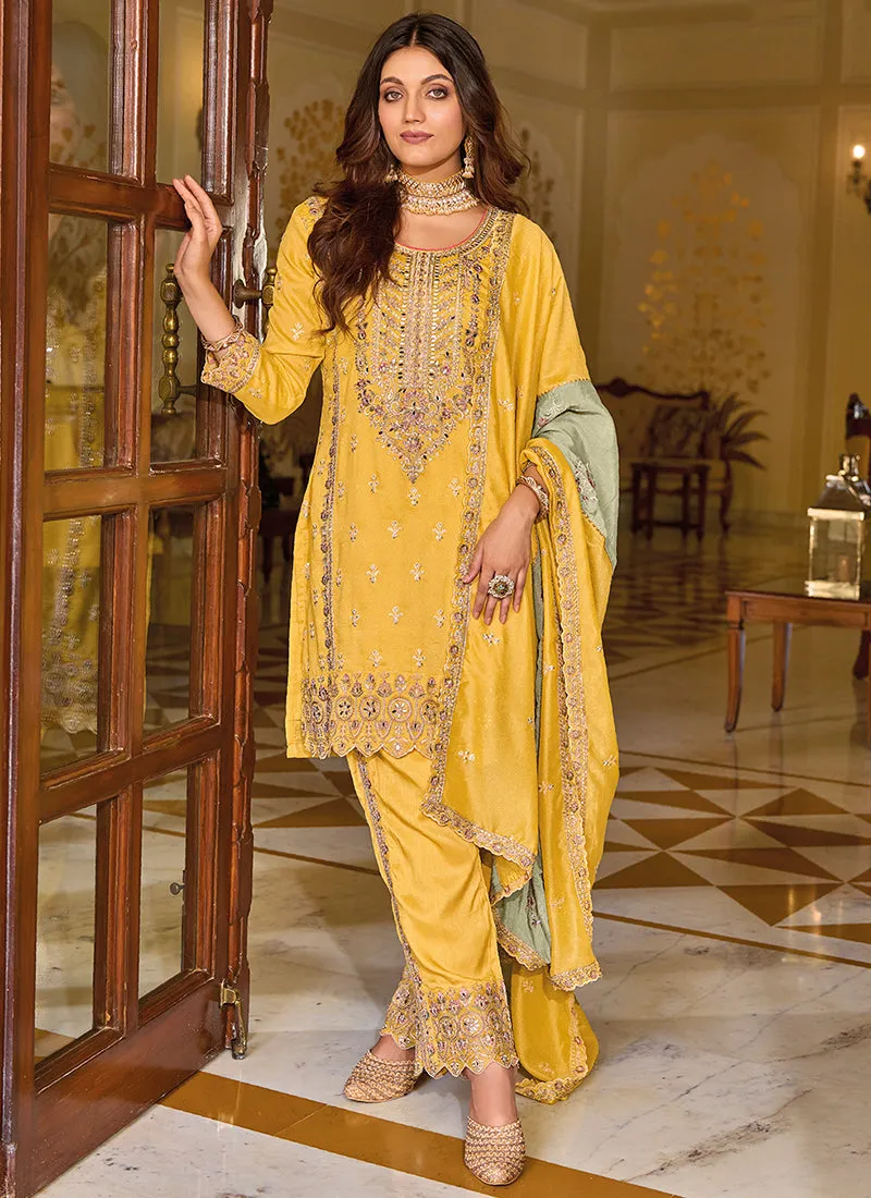 Yellow Multi Embroidery Traditional Pant Style Suit