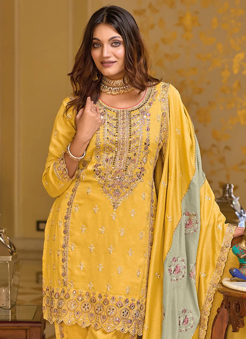 Yellow Multi Embroidery Traditional Pant Style Suit