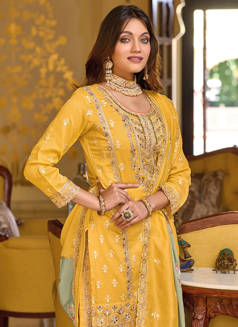 Yellow Multi Embroidery Traditional Pant Style Suit