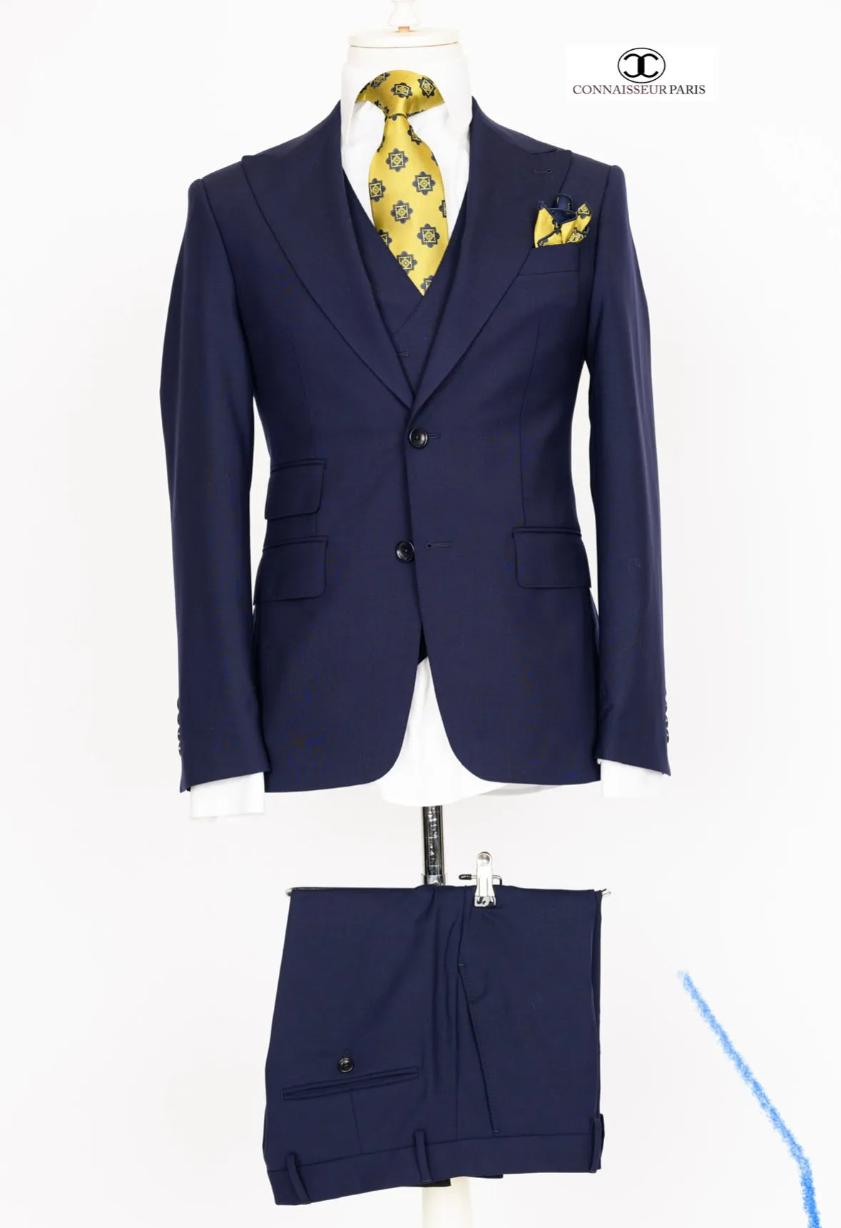 Zignone - Navy Blue 3-piece slim fit suit with wide lapel and patch pockets and double breasted V vest